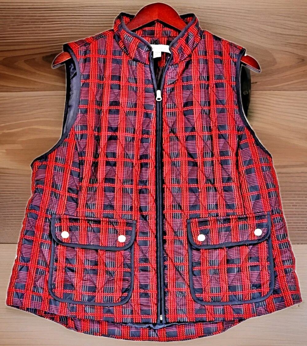 Croft & Barrow Quilted Puffer Vest Red Plaid Checked Full Zip Women's Petite XL